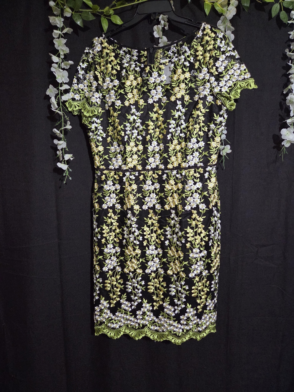 Tahari Black Lace Sheath Dress with Green and White Floral Embroidery